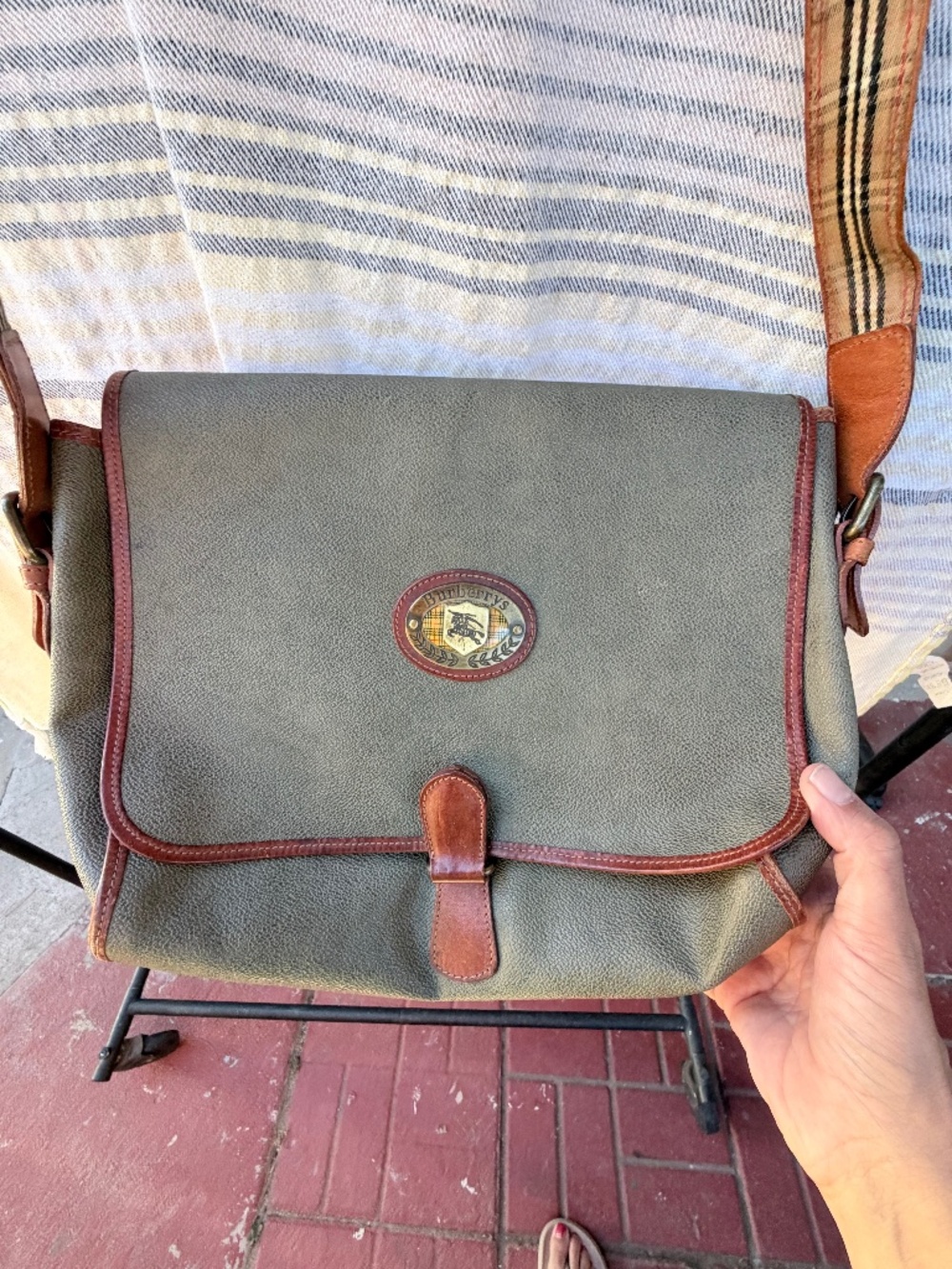 Vintage Burberrys Coated Canvas Messenger Crossbody Bag- OliveGrey